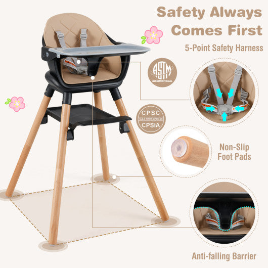 6 in 1 Convertible Highchair with Safety Harness and Removable Tray-Coffee