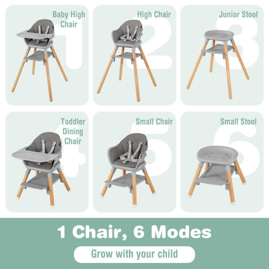6 in 1 Convertible Highchair with Safety Harness and Removable Tray-Gray