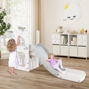 6-in-1 Toddler Slide L-shaped Playground with Basketball Hoop and Ladder-Gray