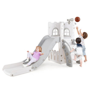 6-in-1 Toddler Slide L-shaped Playground with Basketball Hoop and Ladder-Gray
