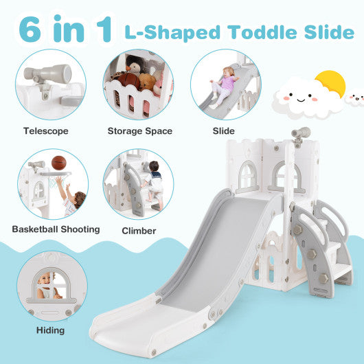 6-in-1 Toddler Slide L-shaped Playground with Basketball Hoop and Ladder-Pink