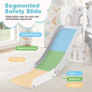 6-in-1 Toddler Slide L-shaped Playground with Basketball Hoop and Ladder-Gray