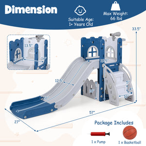 6-in-1 Toddler Slide L-shaped Playground with Basketball Hoop and Ladder-Blue