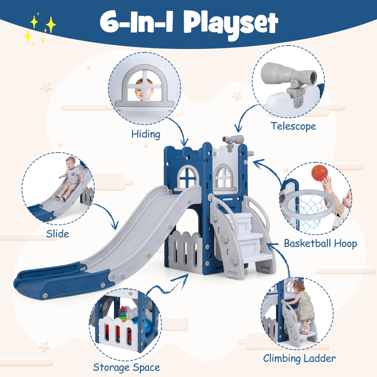 6-in-1 Toddler Slide L-shaped Playground with Basketball Hoop and Ladder-Blue