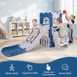 6-in-1 Toddler Slide L-shaped Playground with Basketball Hoop and Ladder-Blue