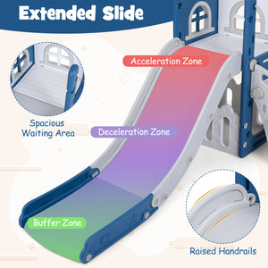 6-in-1 Toddler Slide L-shaped Playground with Basketball Hoop and Ladder-Blue