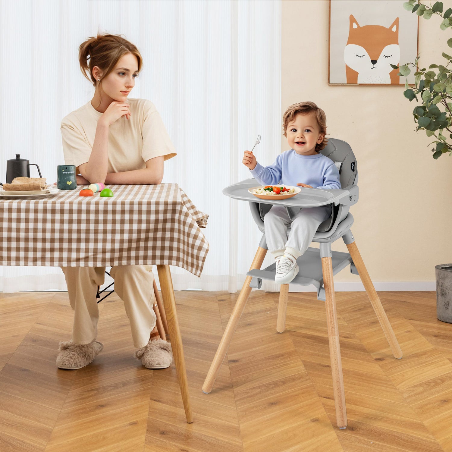 6 in 1 Convertible Highchair with Safety Harness and Removable Tray-Gray