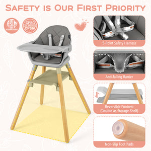 6 in 1 Convertible Highchair with Safety Harness and Removable Tray-Gray