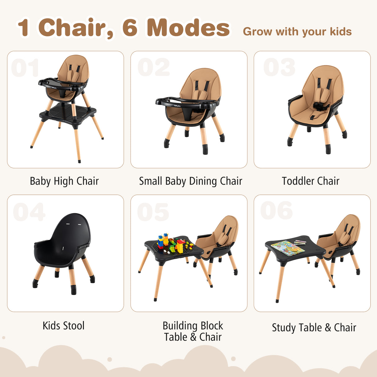 5-in-1 Baby Wooden Convertible High Chair -Gray