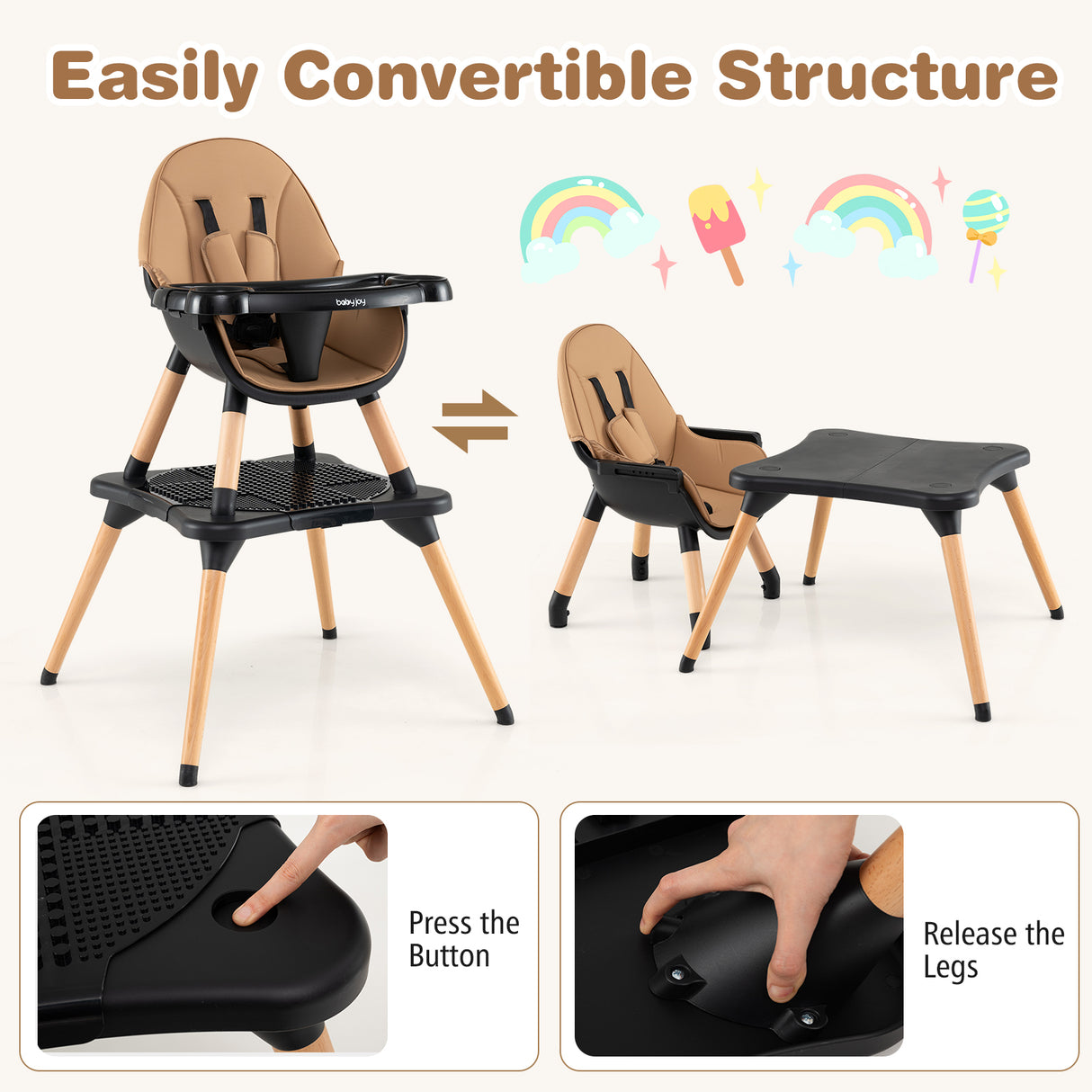 5-in-1 Baby Wooden Convertible High Chair -Gray