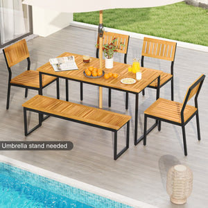 6 Pieces Outdoor Acacia Wood Dining Set with Bench and 2 Inches Umbrella Hole