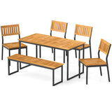 6 Pieces Outdoor Acacia Wood Dining Set with Bench and 2 Inches Umbrella Hole