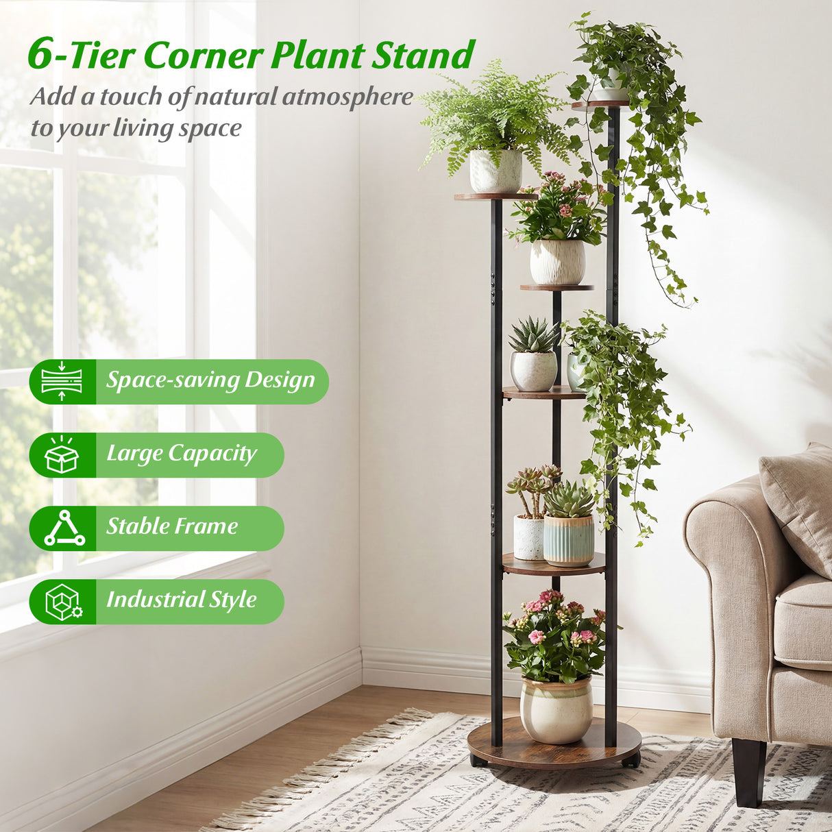 6-tier Plant Stand with RGB Light and Wheels 57inch Tall Indoor Display Shelf Flowerpot Holder-Rustic Brown