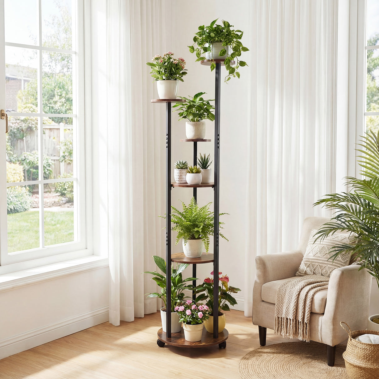 6-tier Plant Stand with RGB Light and Wheels 57inch Tall Indoor Display Shelf Flowerpot Holder-Rustic Brown