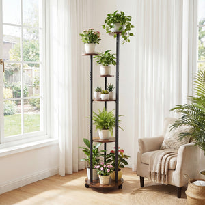 6-tier Plant Stand with RGB Light and Wheels 57inch Tall Indoor Display Shelf Flowerpot Holder-Rustic Brown