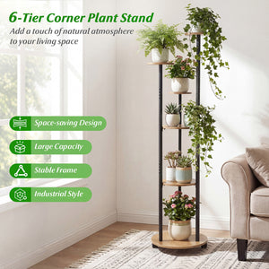 6-tier Plant Stand with RGB Light and Wheels 57inch Tall Indoor Display Shelf Flowerpot Holder-Natural
