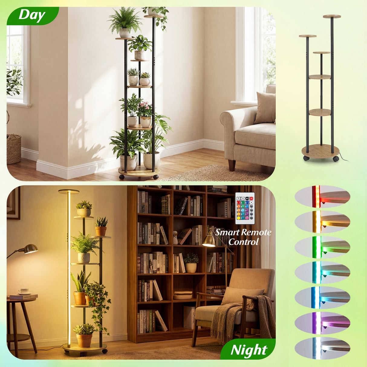 6-tier Plant Stand with RGB Light and Wheels 57inch Tall Indoor Display Shelf Flowerpot Holder-Natural