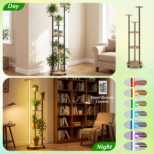6-tier Plant Stand with RGB Light and Wheels 57inch Tall Indoor Display Shelf Flowerpot Holder-Natural