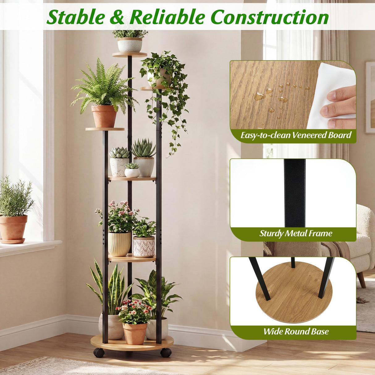 6-tier Plant Stand with RGB Light and Wheels 57inch Tall Indoor Display Shelf Flowerpot Holder-Natural