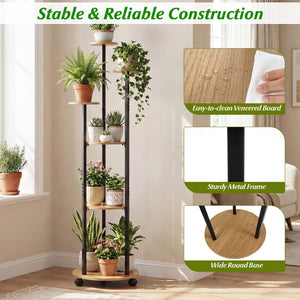 6-tier Plant Stand with RGB Light and Wheels 57inch Tall Indoor Display Shelf Flowerpot Holder-Natural
