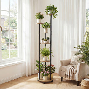 6-tier Plant Stand with RGB Light and Wheels 57inch Tall Indoor Display Shelf Flowerpot Holder-Natural