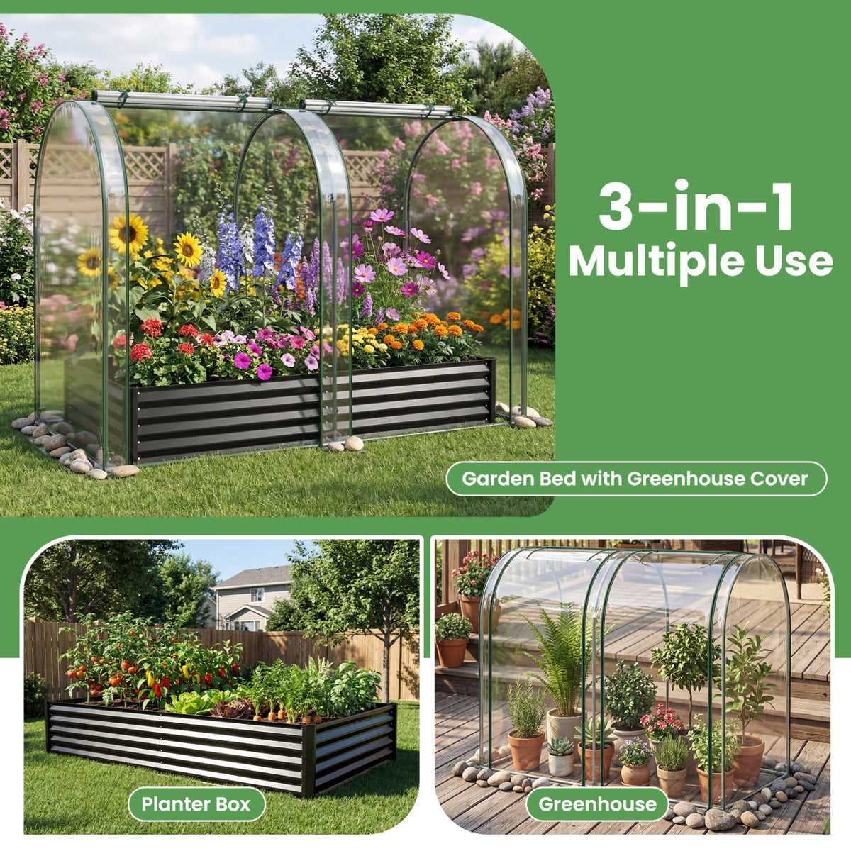 6 x 3 x 1 FT Galvanized Raised Garden Bed with Greenhouse Cover-Black