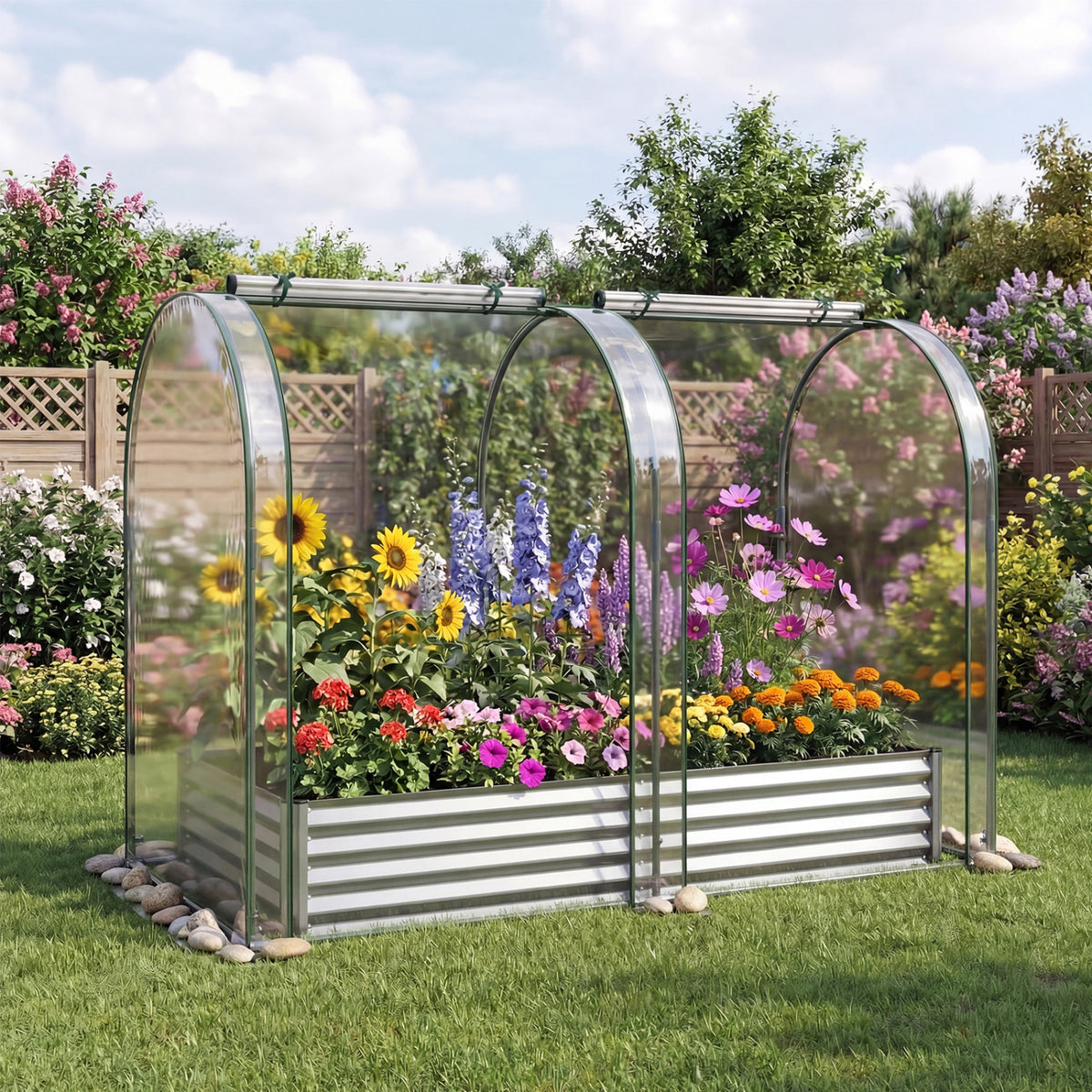 6 x 3 x 1 FT Galvanized Raised Garden Bed with Greenhouse Cover-Silver