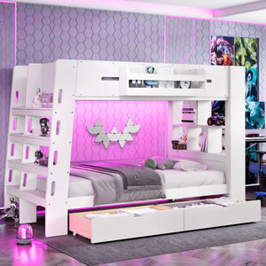 Twin Over Twin Bunk Bed with LED Lights, Bookcase Headboard & Storage Drawers, Space-Saving Bunk Bed Frame with Built-in Shelves & Guardrail for Bedroom Apartment,White