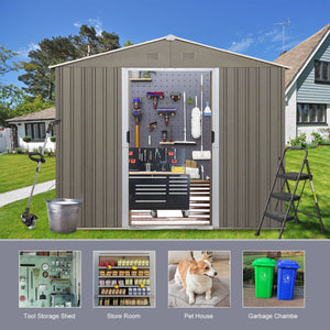 An 8X10Ft Outdoor Metal Storage Shed - Gray with tools neatly organized on a pegboard, alongside labeled images: "Tool Storage Shed," "Store Room" with stacked boxes, "Pet House" with a dog, and "Garbage Chamber" showing green and blue bins.