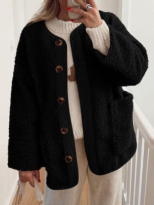 Modern Cozy Women Luxuriously Cozy Contrast Button Up Sherpa Jacket with Pockets For Fall & Winter