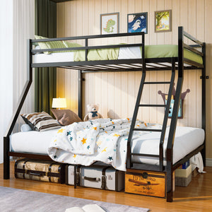 Twin Over Full Bunk Bed with Metal Slat Support, Built-In Angled Ladder, Upper Guardrails and Underbed Storage Space, Reinforced Metal Frame for Shared Bedrooms and Guest Rooms, Black