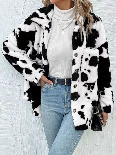 Trendy Black White Cozy Cow Print Collared Neck Button Up Fuzzy Jacket Modern & Warm Outerwear