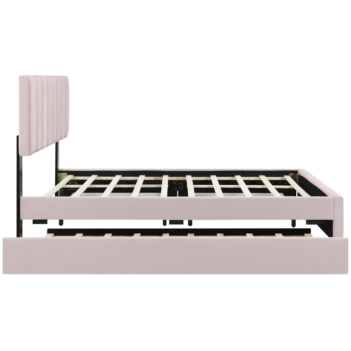 Upholstered Platform Bed With 2 Drawers And 1 Trundle, Classic Strip Headboard Design by Couch.com