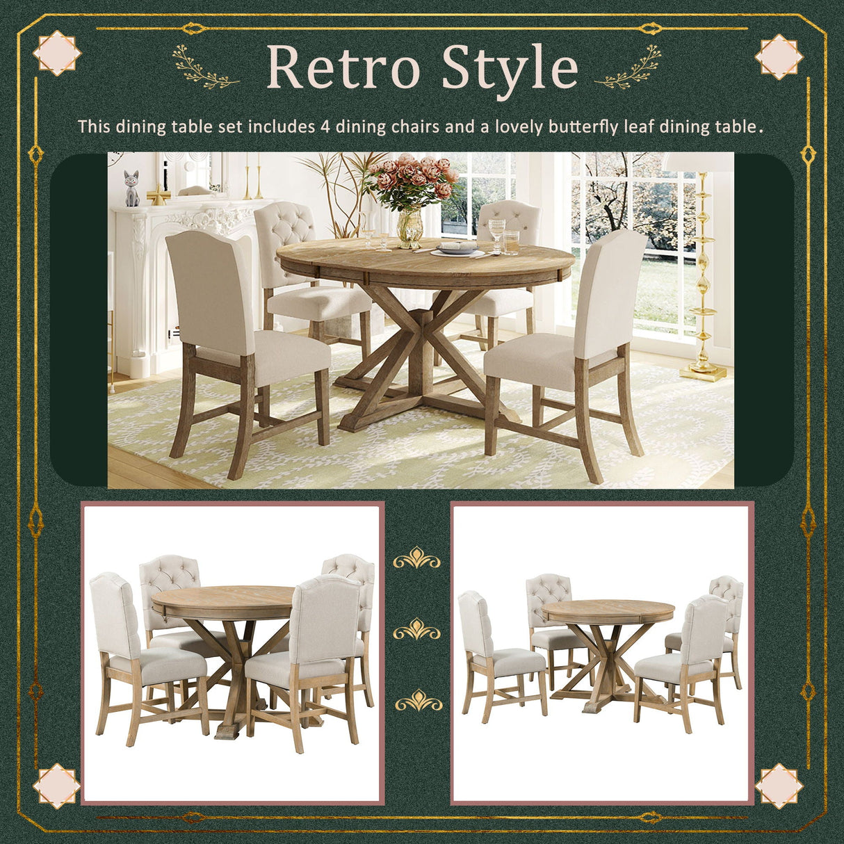 Functional Furniture Retro Style Dining Table Set With Extendable Table And 4 Upholstered Chairs For Dining Room And Living Room by Couch.com