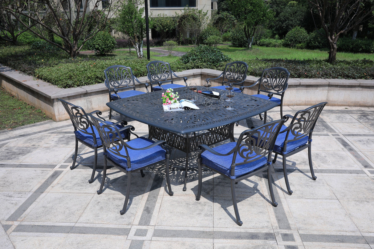 Square 8 Person 64" Long Aluminum Dining Set With Cushions by Couch.com