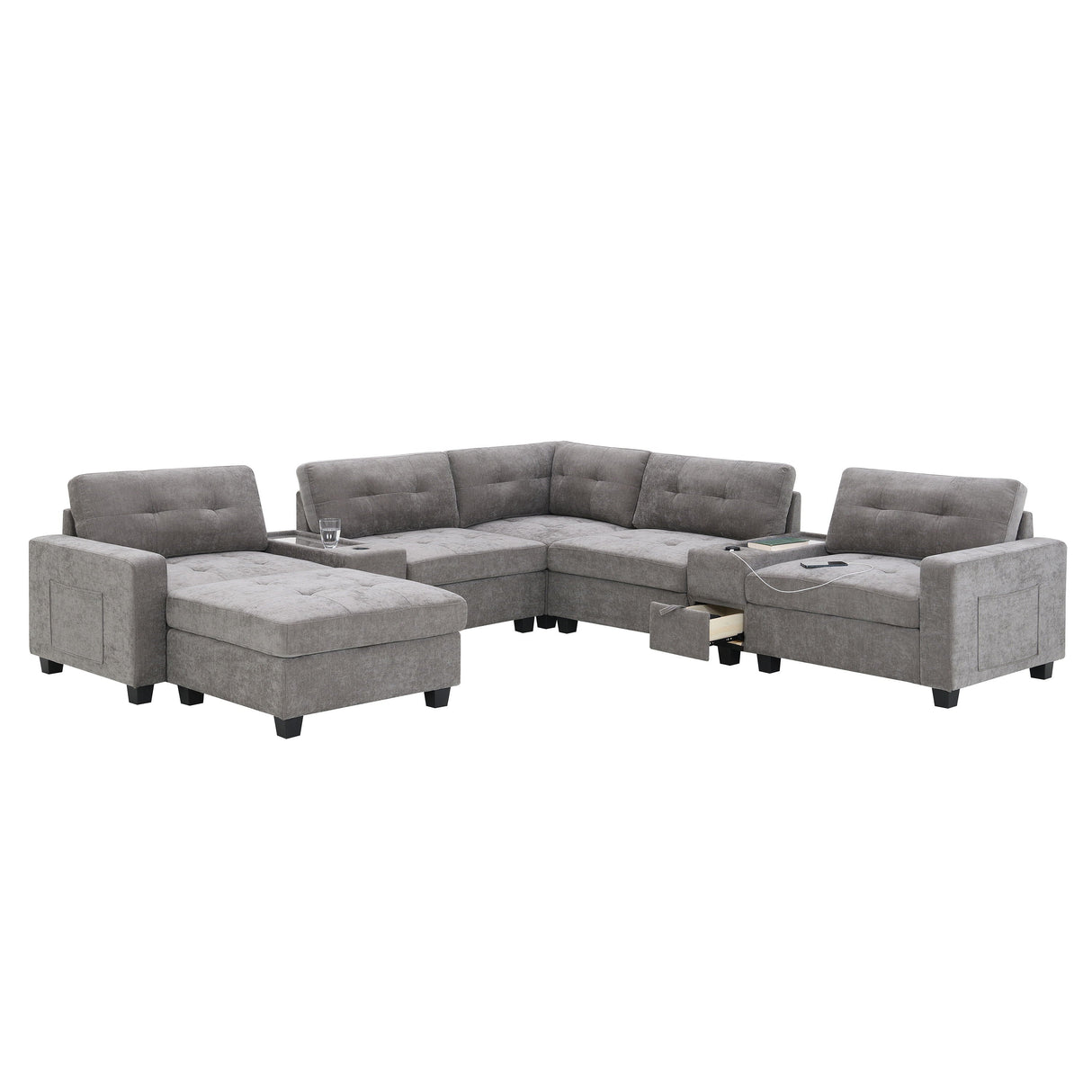 Sectional With Acrylic Table Top U Shaped Couch Set With 2 Consoles USB Charger, Storage Drawers And Pockets Movable Ottoman Tufted Sofa by Couch.com