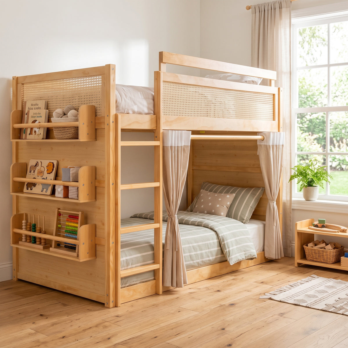 Twin Size Bunk Bed with 3-Tier Storage Shelf, Rattan Decor, Privacy Curtains & Lights, Modern Wood Bunk Bed Frame-Natural