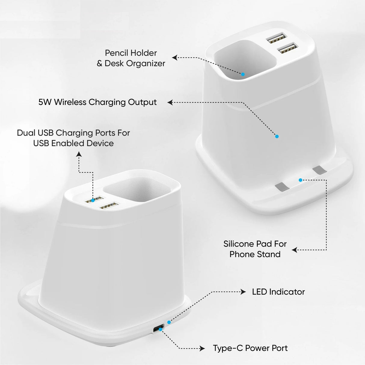 Wireless Charging Stand with Dual USB Charger & Desk Organizer by Infinite Basics