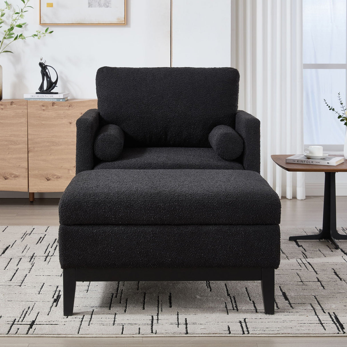 Farmhouse Upholstered Accent Chair With Ottoman, Reversible Lid Coffee Table