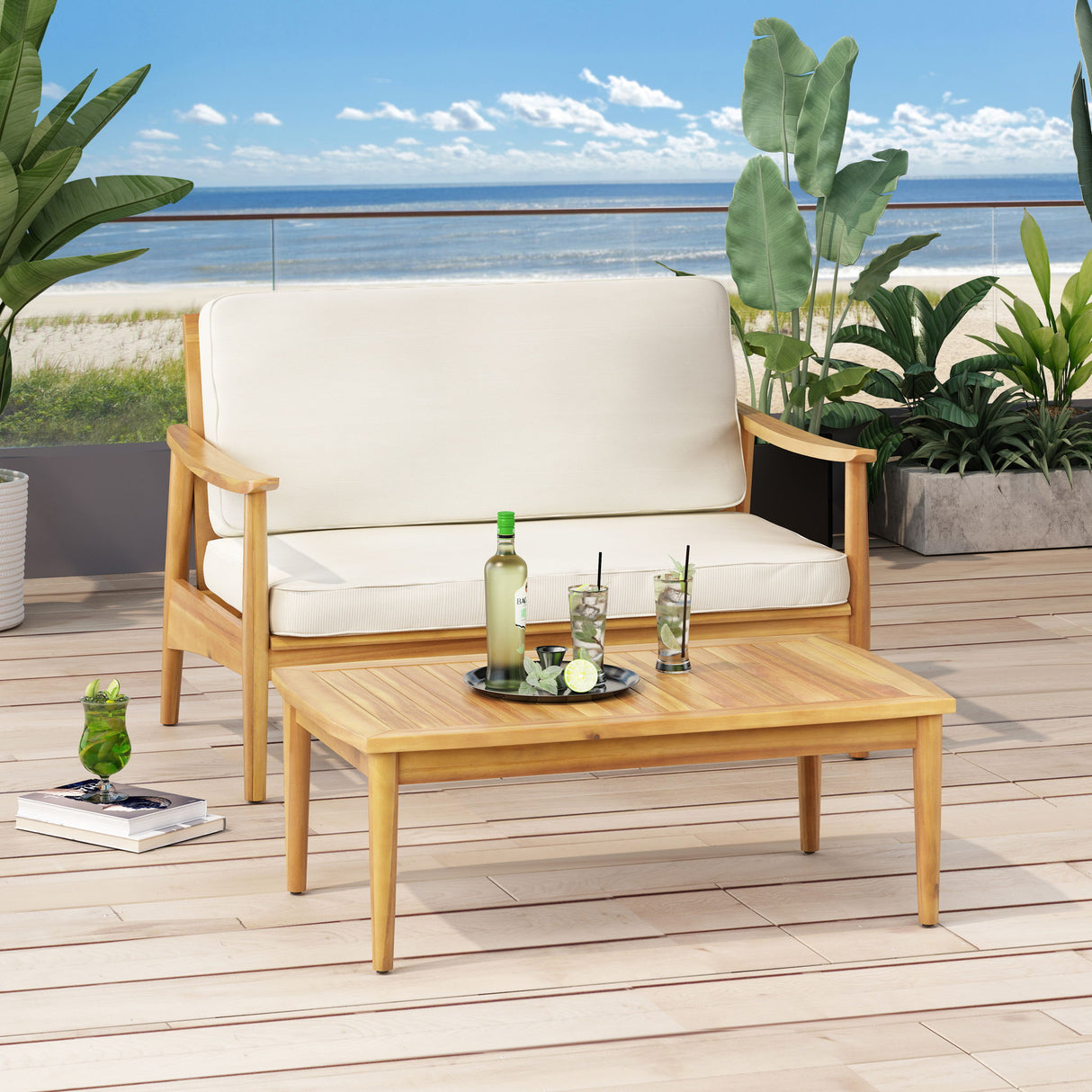 2 Piece Patio Set With Slatted Back Loveseat And Coffee Table - Teak by Couch.com