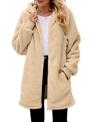 Comfortable Fuzzy Pocketed Zip-Up Long Sleeve Hooded Jacket Cozy & Warm Soft Outerwear For Winter