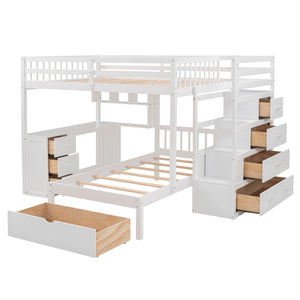 The Bunk Bed With Desk, Drawers And Shelves is a white wooden bunk bed featuring a side staircase with four pull-out drawers, a lower roll-out drawer, and an attached built-in desk with two drawers.