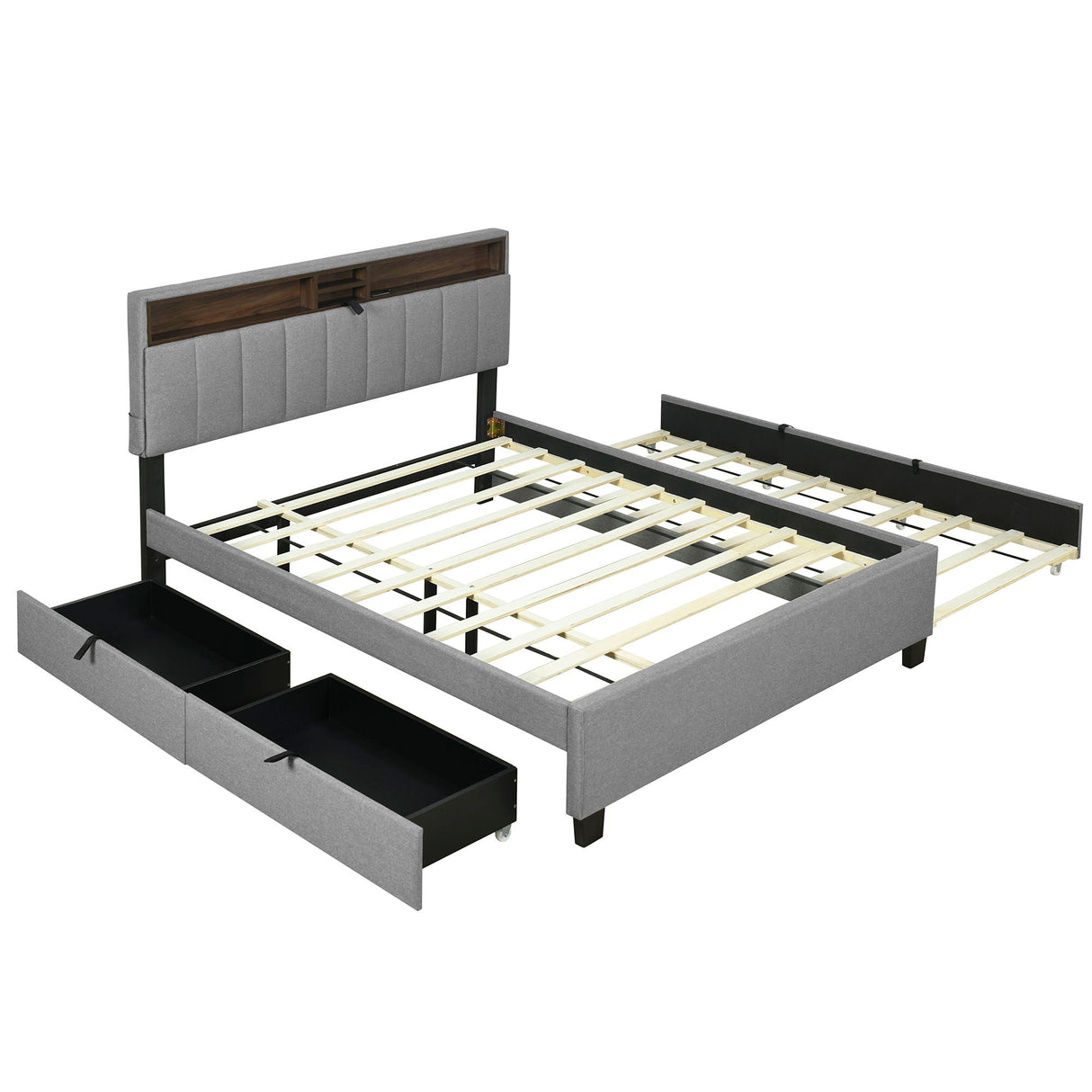Upholstered Platform Bed With Storage Headboard, Trundle & 2 Drawers And A Set Of Sockets & USB Ports by Couch.com