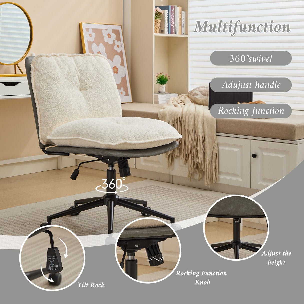 Oversize Seat Cirss Cross Chair With Wheels, Elegant Design Computer Chair, Adjustable Height 360 Degree Rolling Swivel Home Office Chair For Small Space, Dressing Room, Living Room by Couch.com