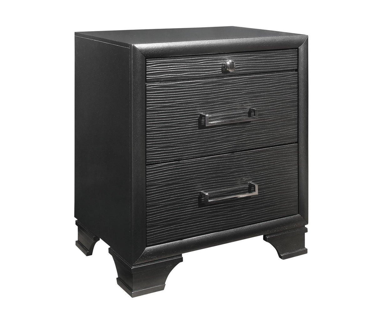 Civic - Nightstand: A modern black wooden design featuring two textured drawers with sleek handles, supported by short, sturdy legs.