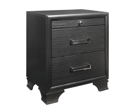 Civic - Nightstand: A modern black wooden design featuring two textured drawers with sleek handles, supported by short, sturdy legs.