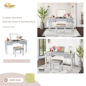Mirrored Vanity Desk With Drawers And Stool, Flip Up Dressing Table Set For Makeup Room by Couch.com