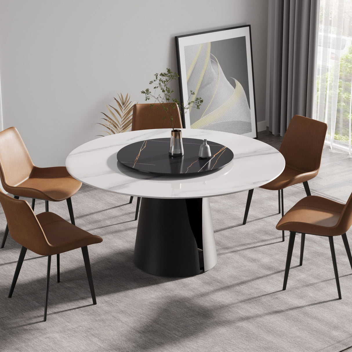 Modern Artificial Stone Round Carbon Steel Base Dining Table, Can Accommodate 6 People, Black Artificial Stone Turntable by Couch.com