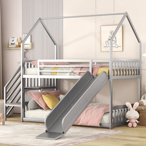 Twin Over Twin Metal Bunk Bed House Bed With Slide And Staircase by Couch.com