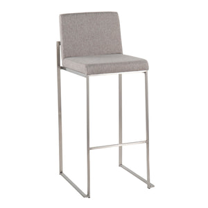 The Fuji - Contemporary and Modern Elegance High Back Barstool features a light gray padded seat and backrest, complemented by a sleek metal frame with a square base and convenient footrest.